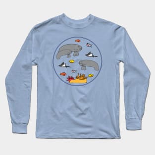 Manatee with colorful fish in circle Long Sleeve T-Shirt